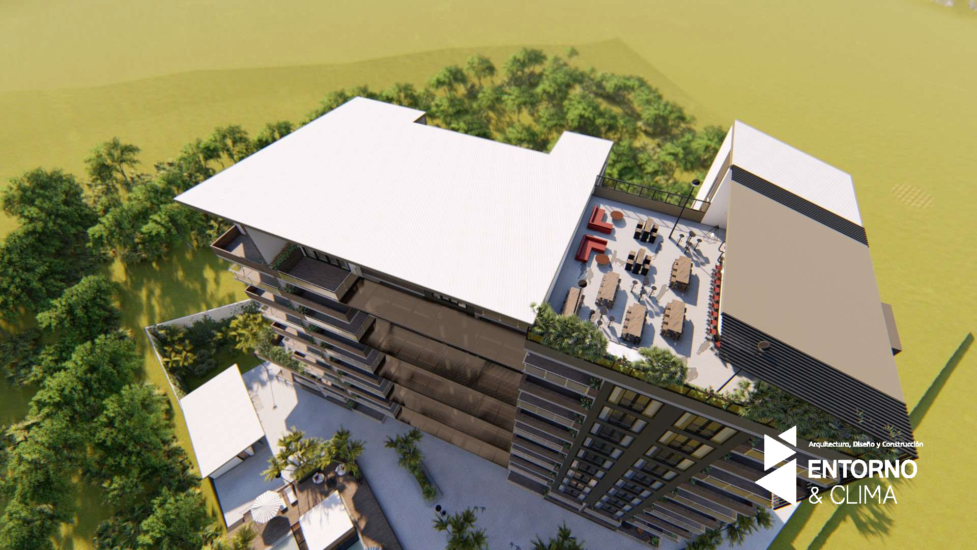 Aerial view showing rooftop terrace and amenities